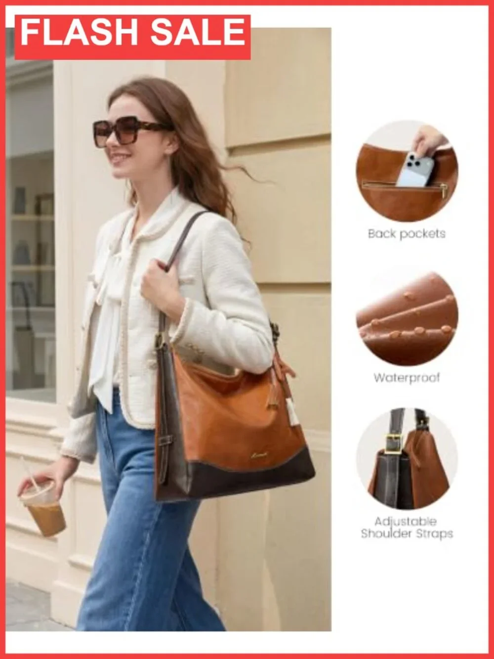 Hobo Bag Faux Leather Crossbody Shoulder Purse Large Water Bottle Pocket